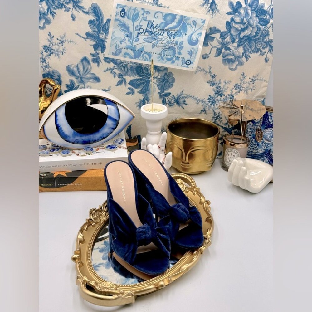 🆕 LOEFFLER RANDALL 🧿 NWOB Coco Knotted Velvet Block Heel Mules, Blue, Sz 7 - Picture 2 of 15